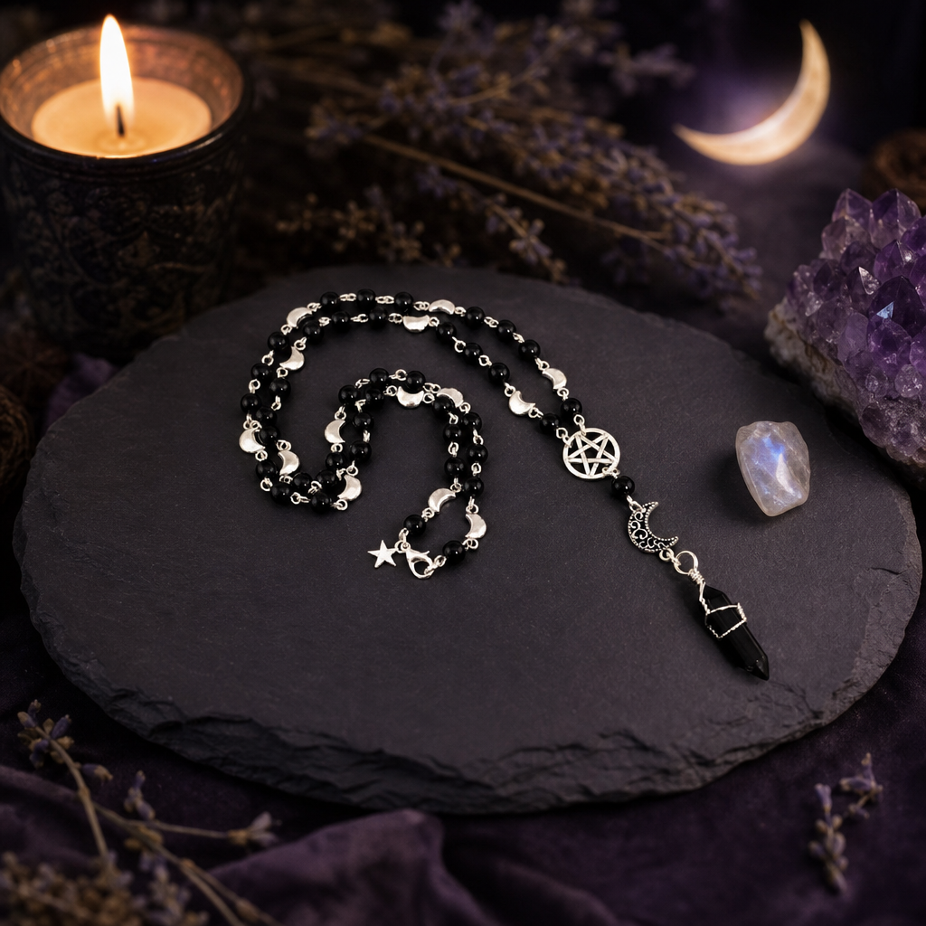 Pentacle Moon Onyx Bead Necklace