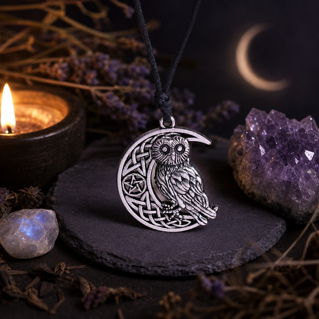 Owl Pentacle Celtic Moon Necklace
