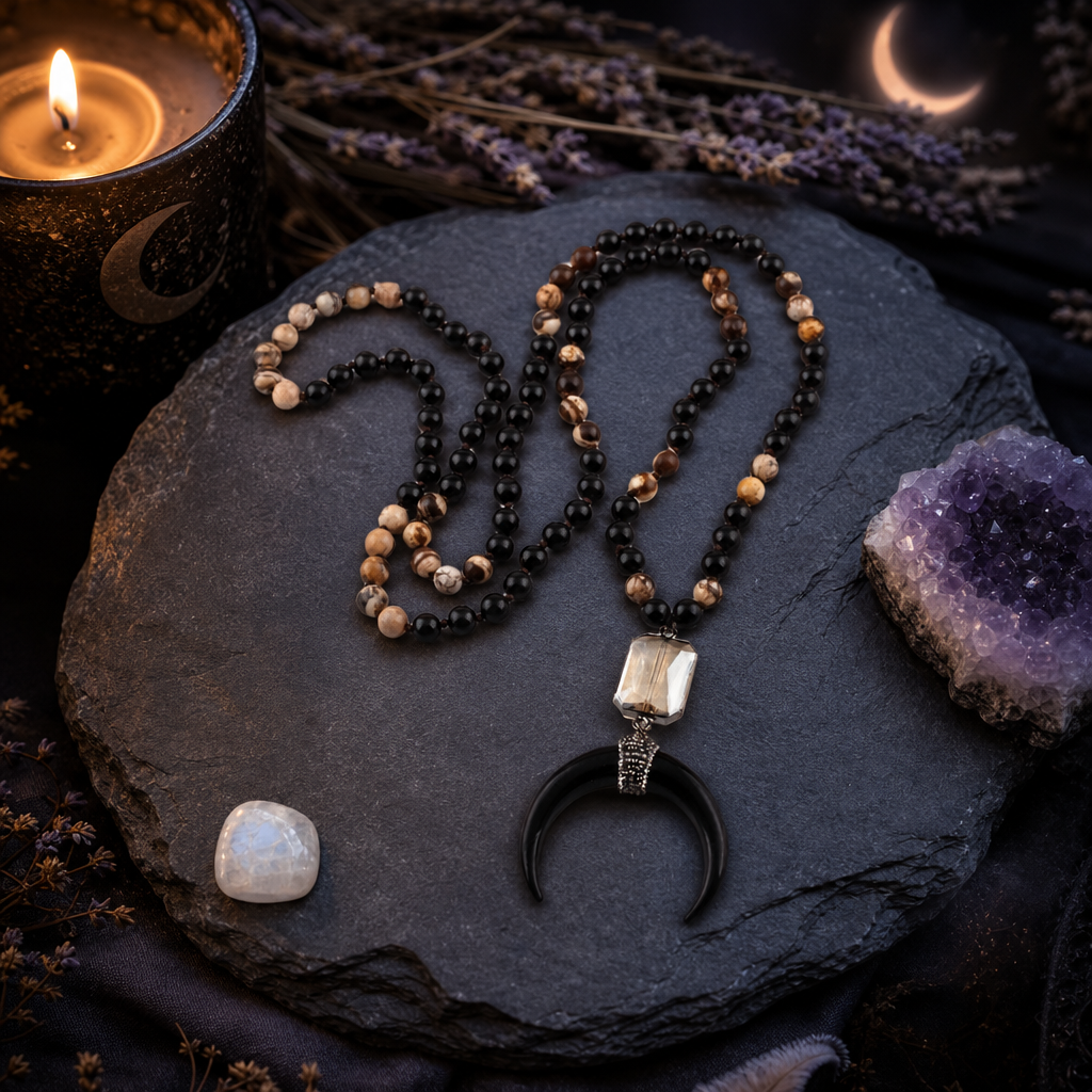 Onyx and Agate Moon Mala Bead Necklace