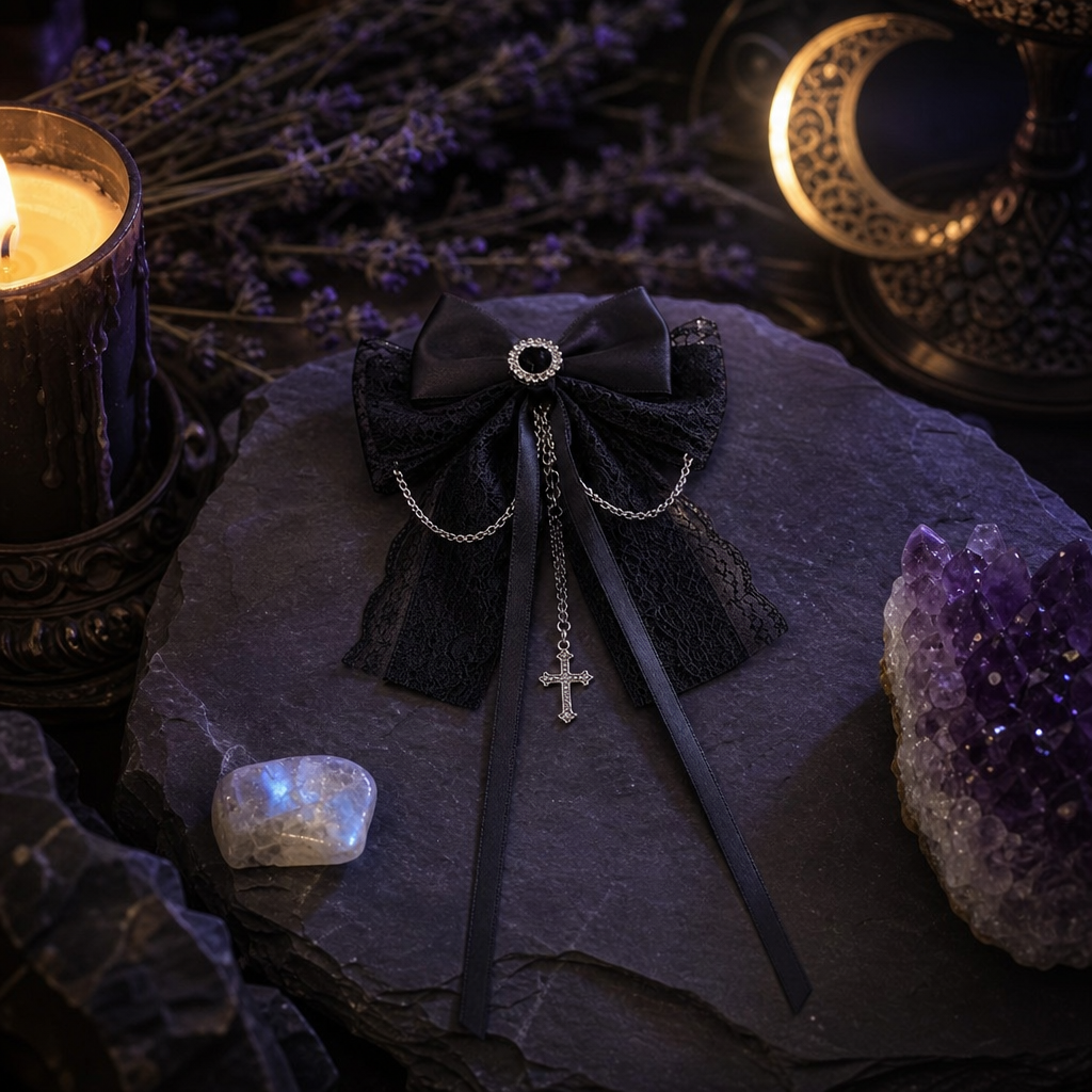 Dark Gothic Cross Chain Lace Bow Hair Clips