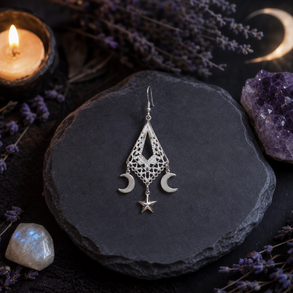 Crescent Moon Star Chandelier Dangle Earrings