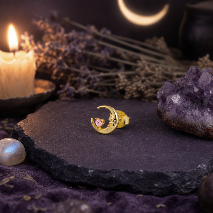 pink heart crescent moon stud earrings