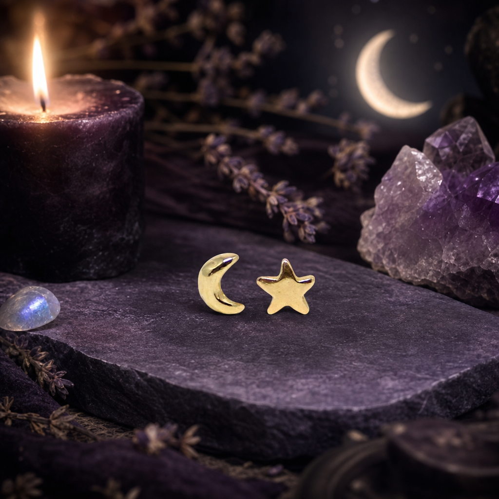 Moon and Star Stud Earrings Solid 14K Gold