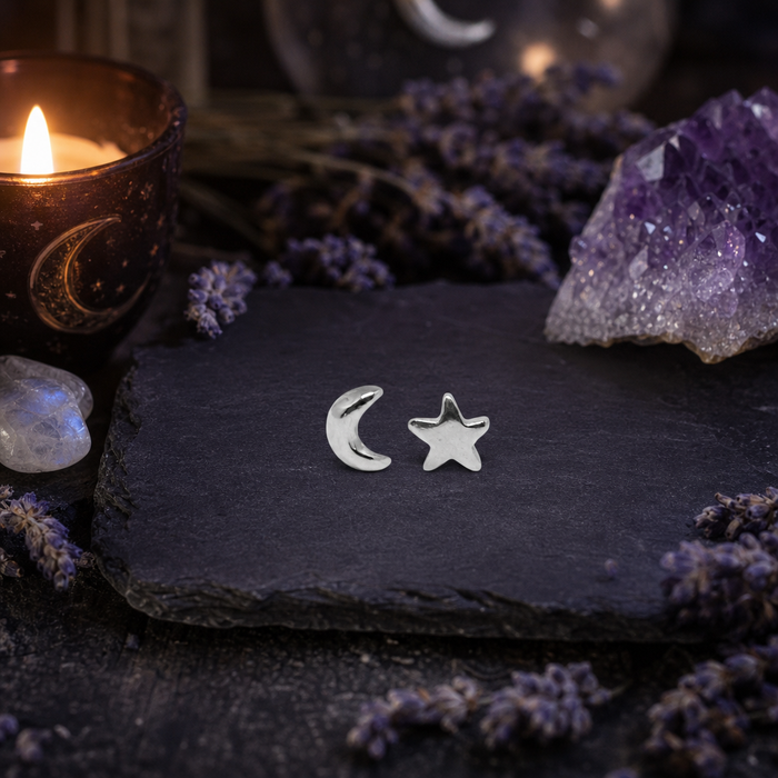 Moon and Star Stud Earrings Sterling