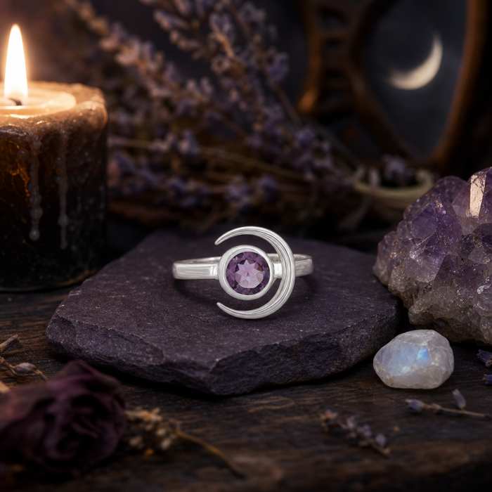 Amethyst Ring with Crescent Moon