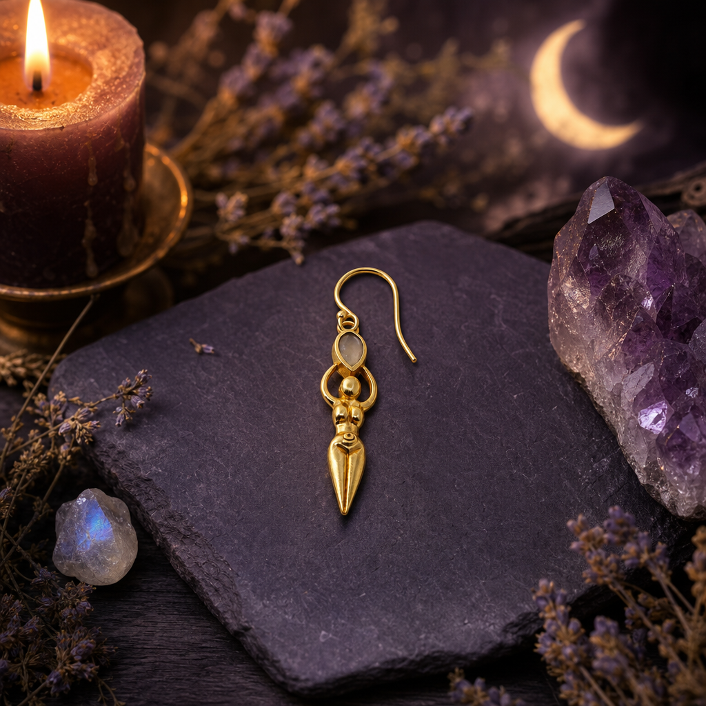 Sacred Feminine Goddess Earrings with Moonstone — Gold