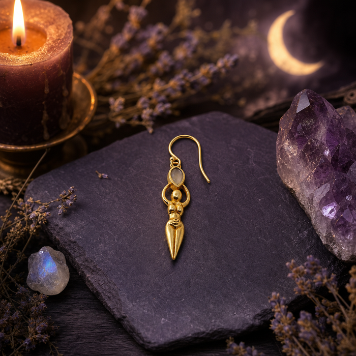 Sacred Feminine Goddess Earrings with Moonstone — Gold