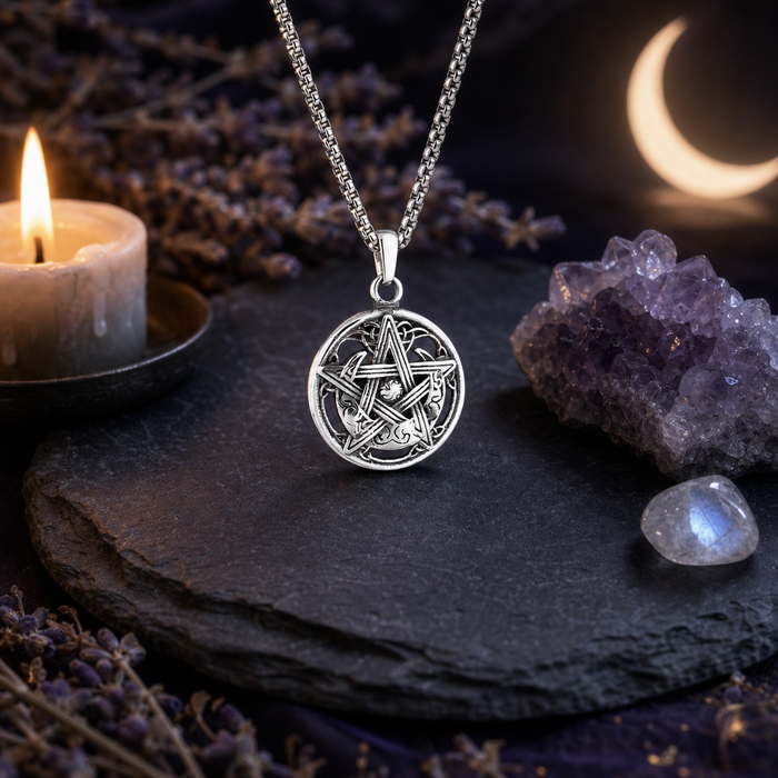 Pentagram Crescent Moon Pendant