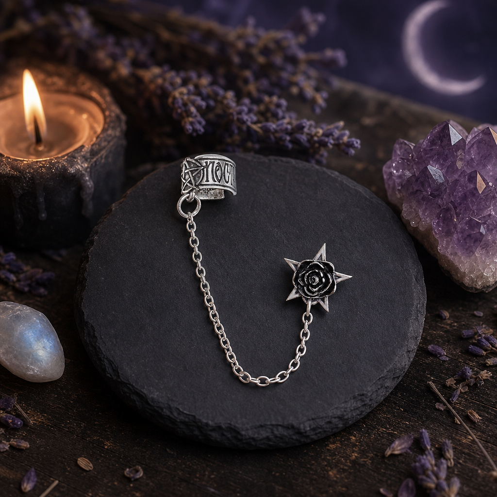Rosa Nocta Earcuff Black Rose Pentagram Earring