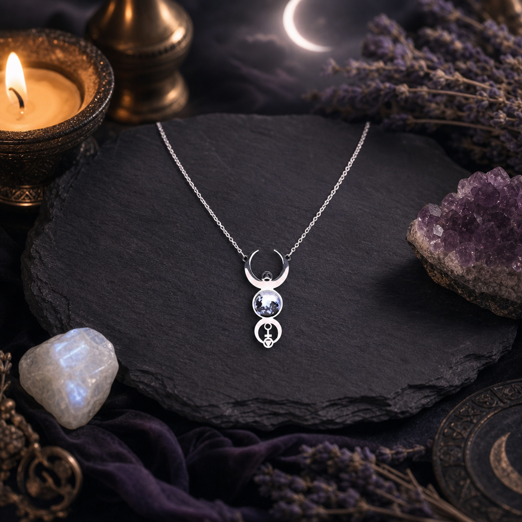 Triple Moon Goddess Necklace Pagan Wicca Amulet