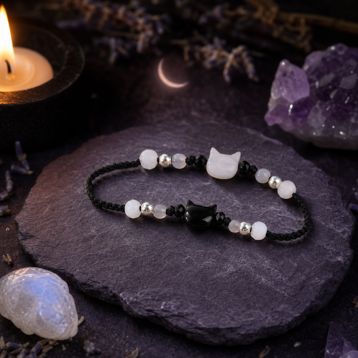 Moonstone Obsidian Cat Charm Bracelets