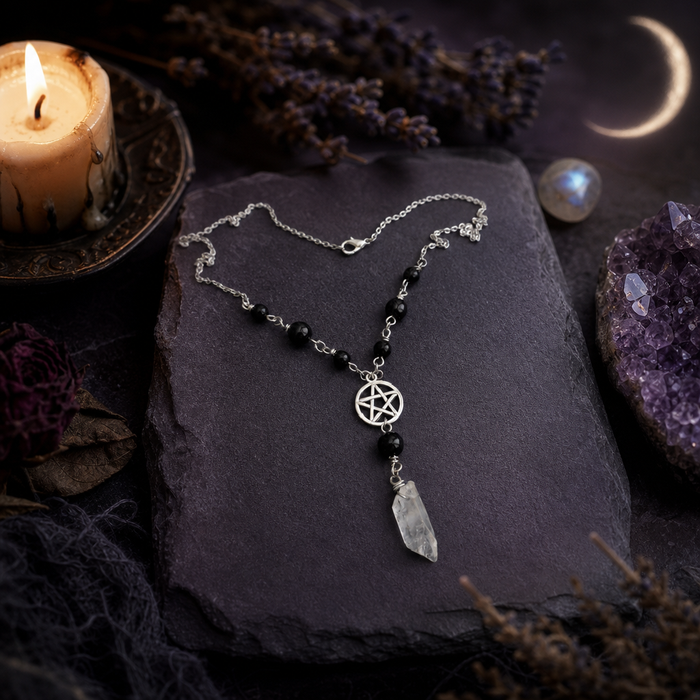 Pentacle Onyx & Quartz Bead Necklace