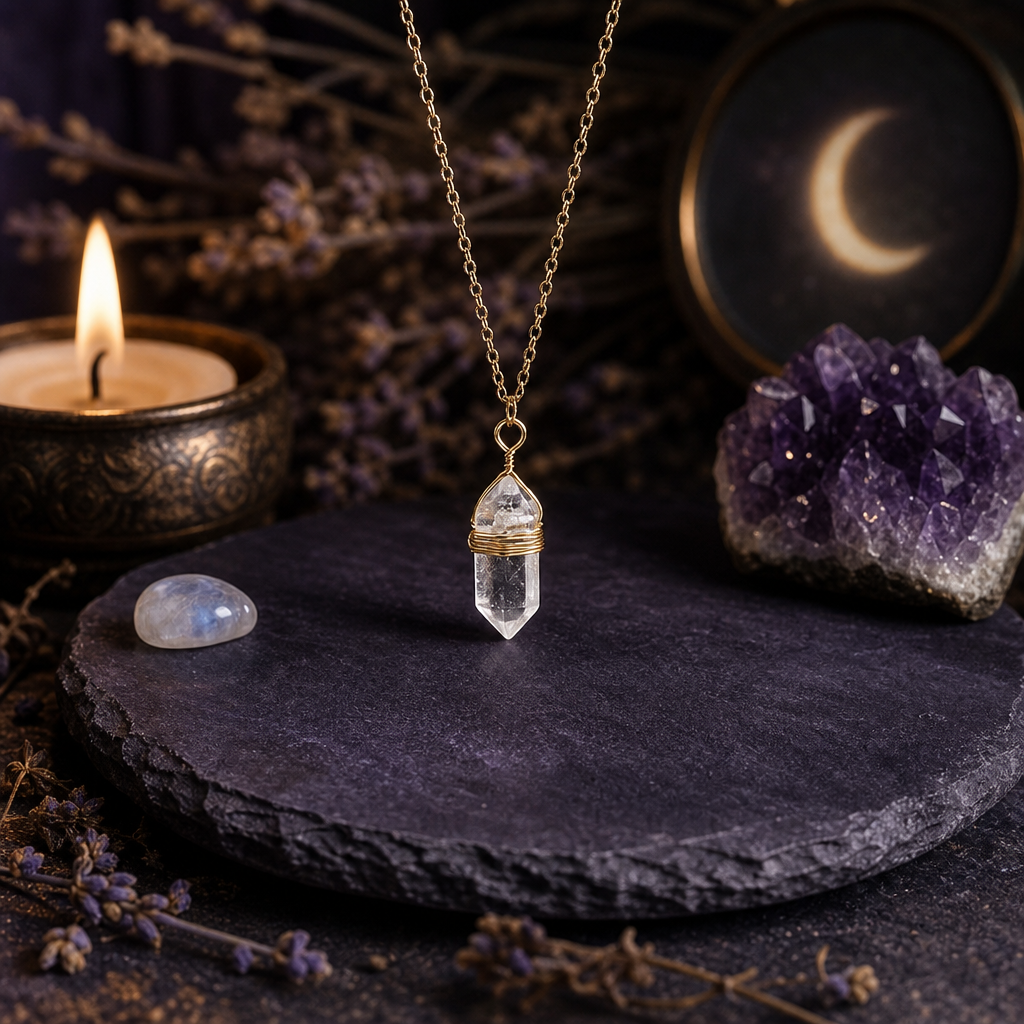 Crystal Hexagon Wire Wrap Gold Necklaces