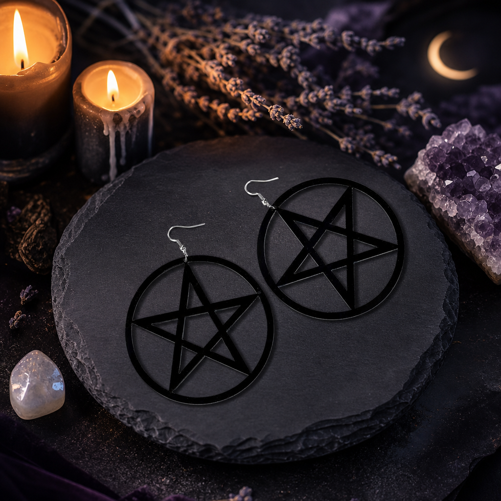 Large Black Pentacle Earrings