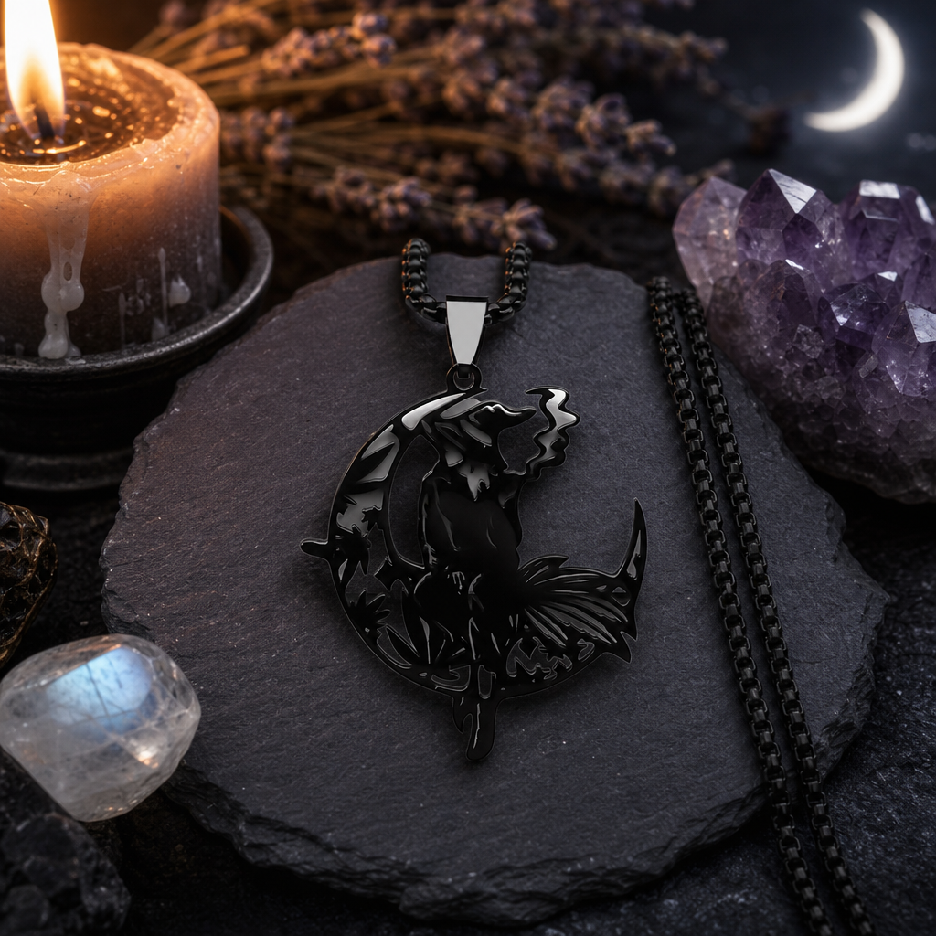 Smoking Witch Broom Moon Necklace