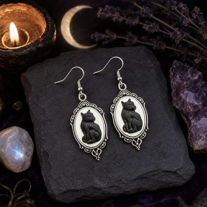 Black Cat Cameo Earrings