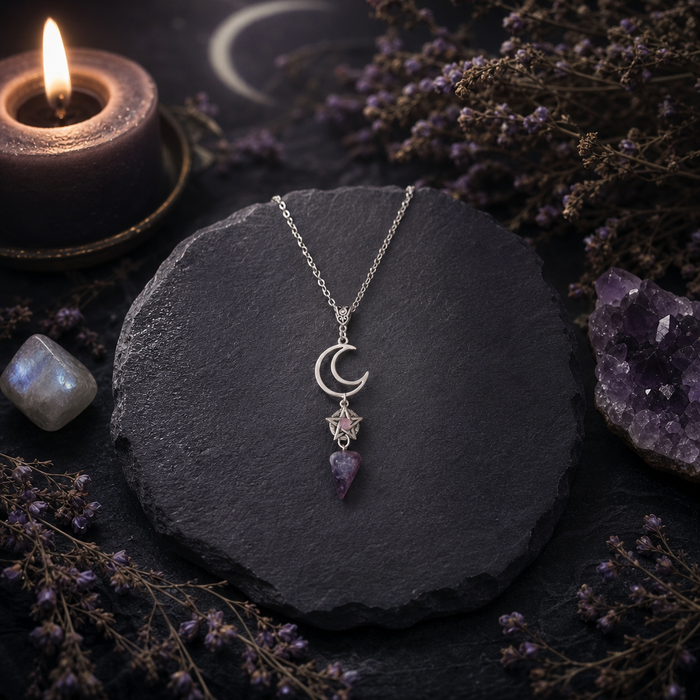 Amethyst Moon Pentacle Pendulum Necklace