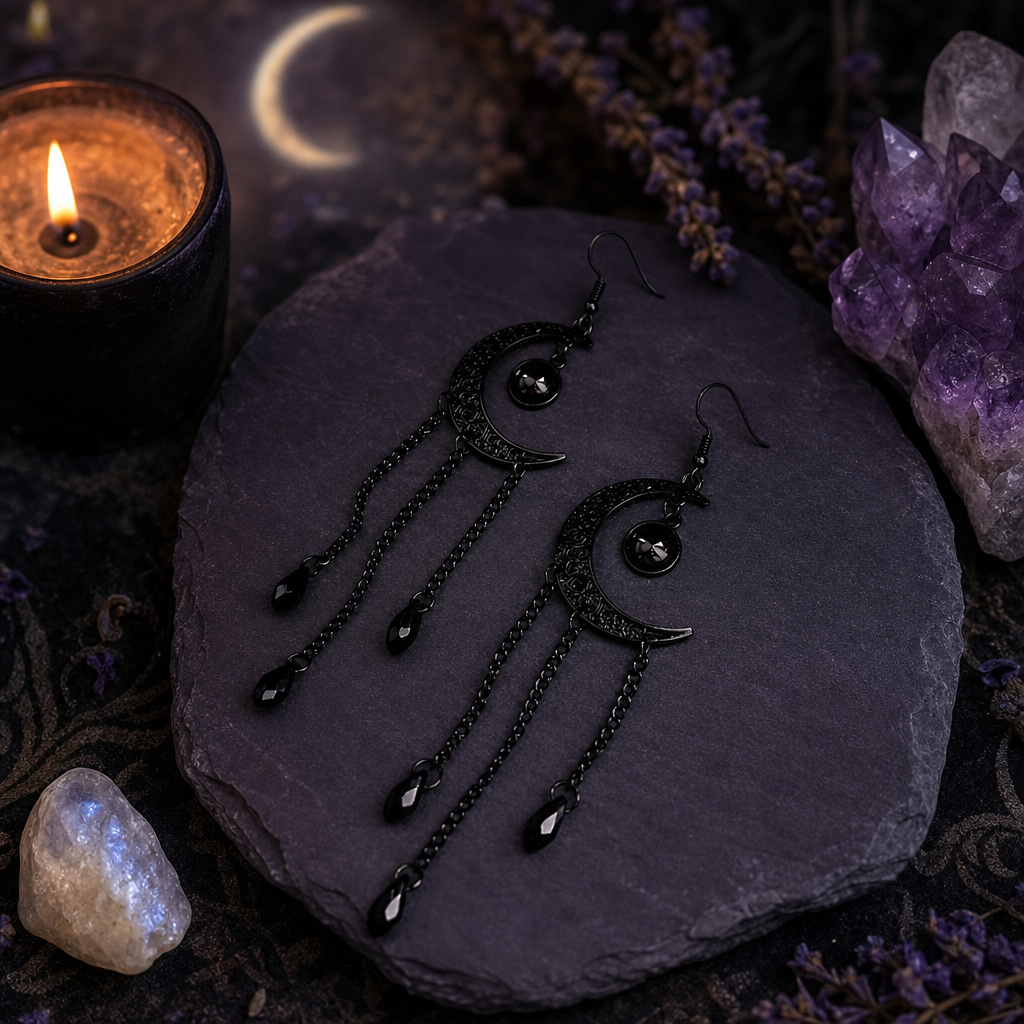 Black Onyx Crescent Moon Earrings