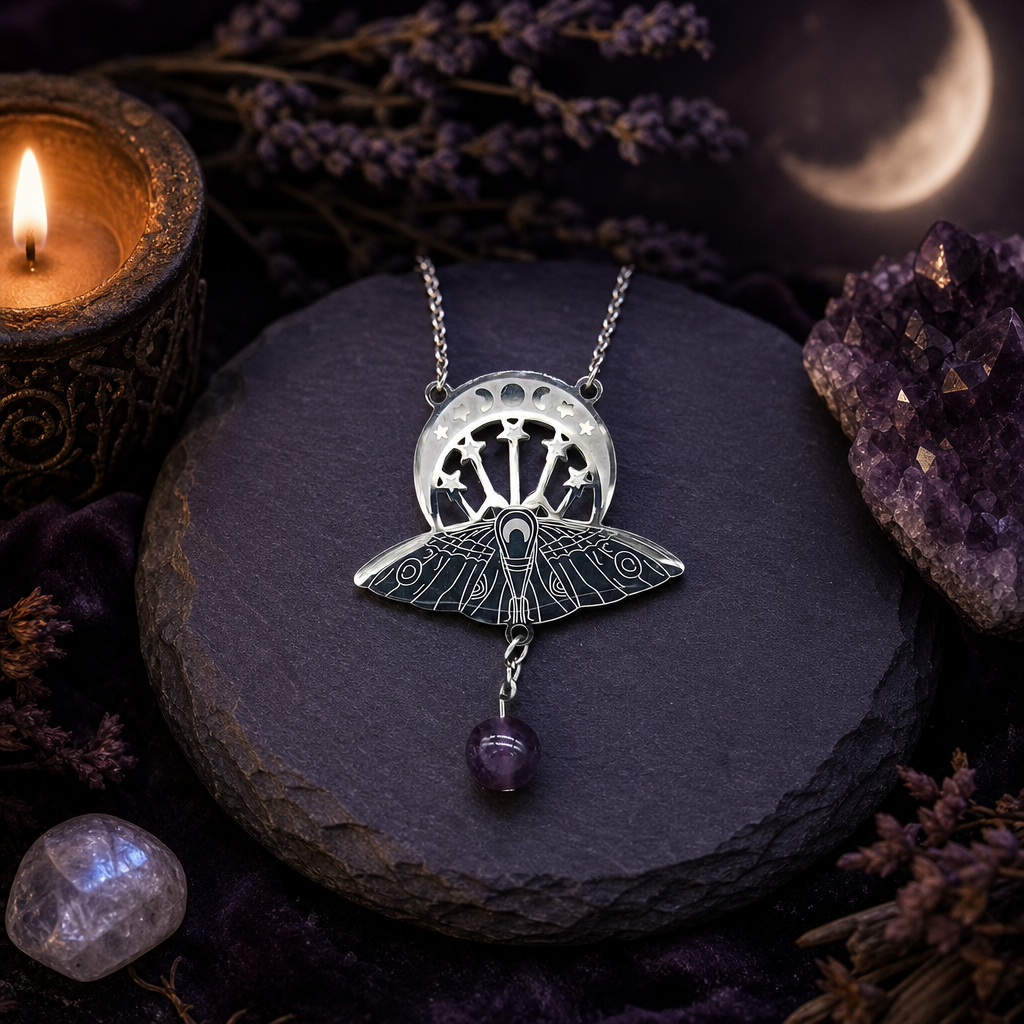 Triple Moon Moth Amethyst Necklace