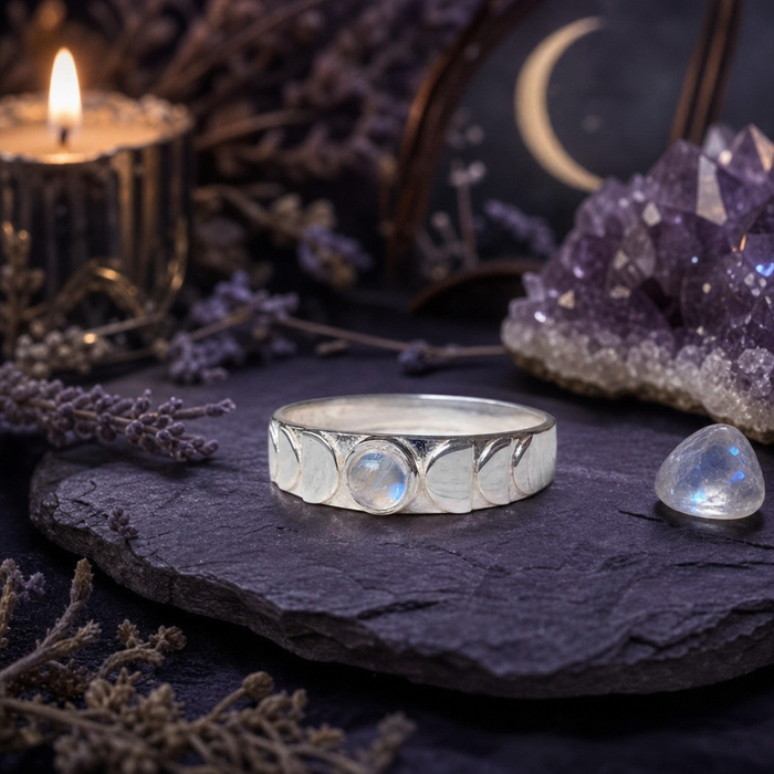 Moonstone Moon Phase Band Ring