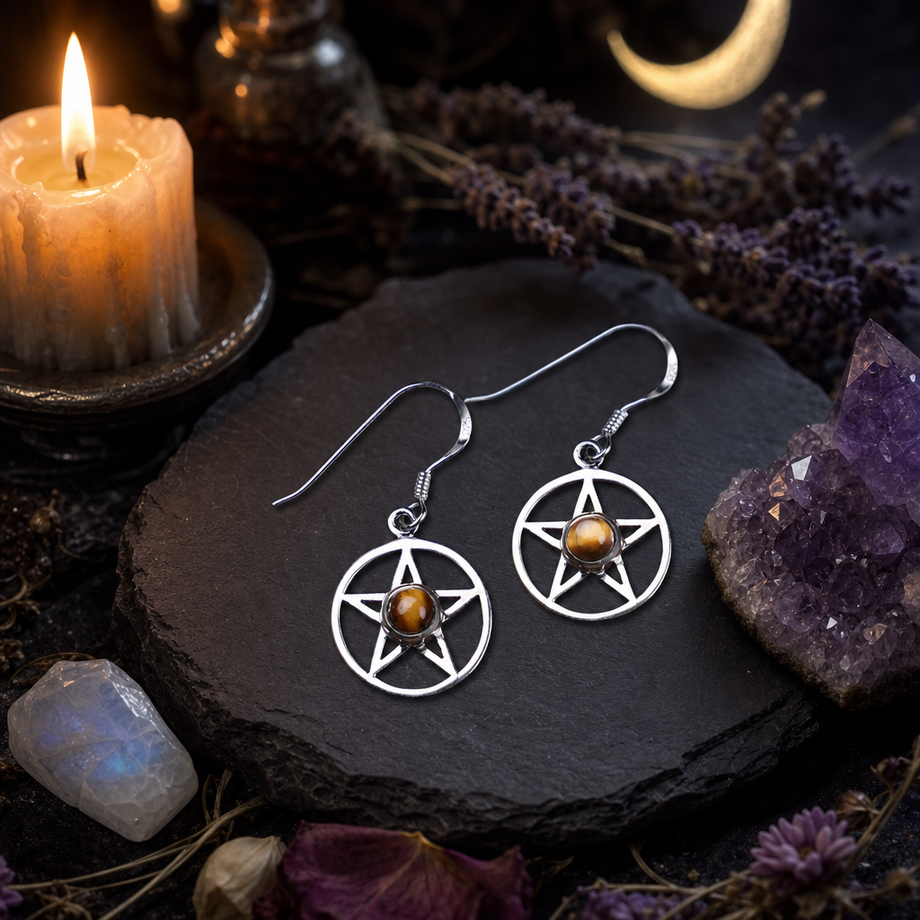 Silver Pentacle Earrings w/ Tiger Eye