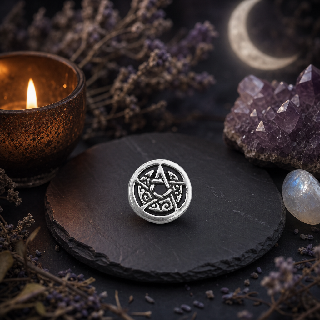 Silver Crescent Moon Pentacle Stud Earrings