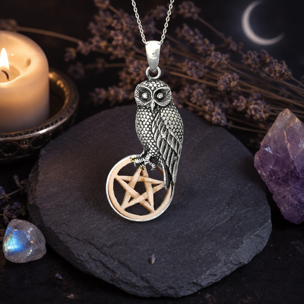 Silver Owl with Bone Pentacle Pendant