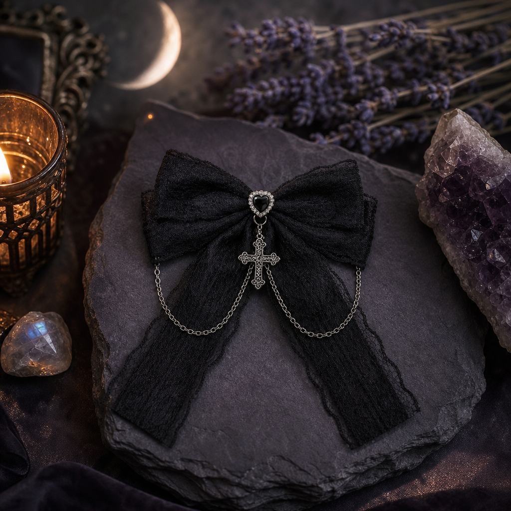 Dark Heart Cross Lace Bow Ribbon Gothic Hair Clips