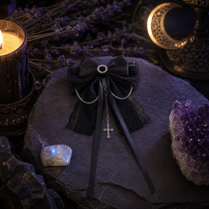 Dark Gothic Cross Chain Lace Bow Hair Clips