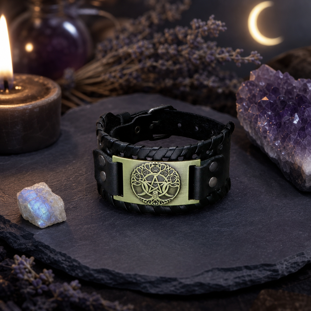 Triple Moon Tree Of Life Leather Bracelet