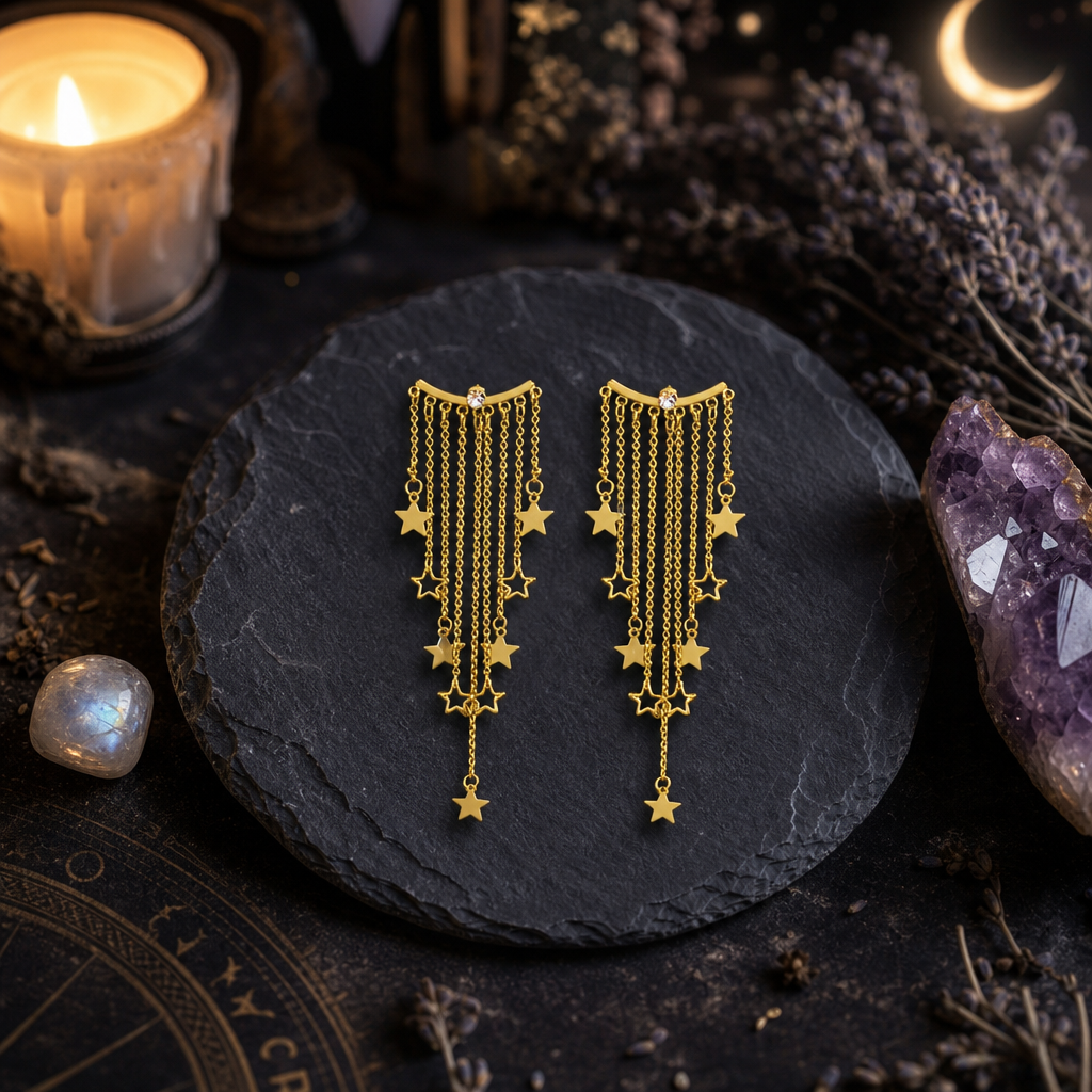 Gold Star Tassel Statement Earrings
