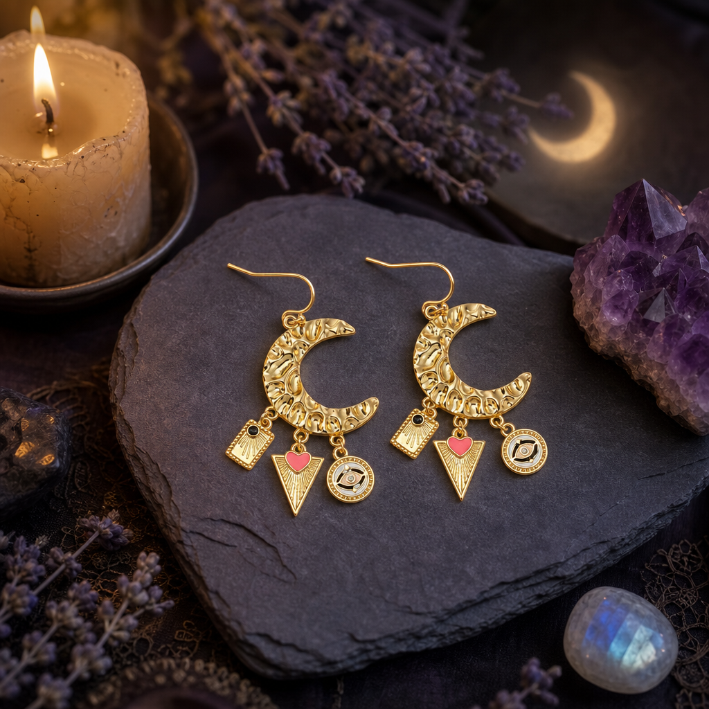 Evil Eye Crescent Earrings