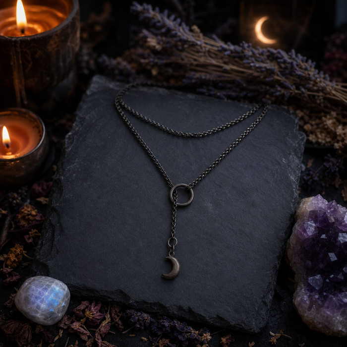 Black Steel Crescent Moon Minimalist Y Necklace