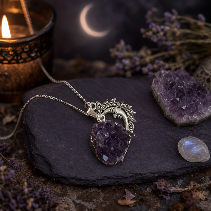 Long Length Amethyst & Moon Necklace
